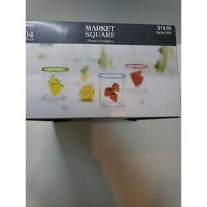 New In Box 4 Tumbler Glasses 12 Oz Fruit Design Acrylic Plastic Lowball Tumblers